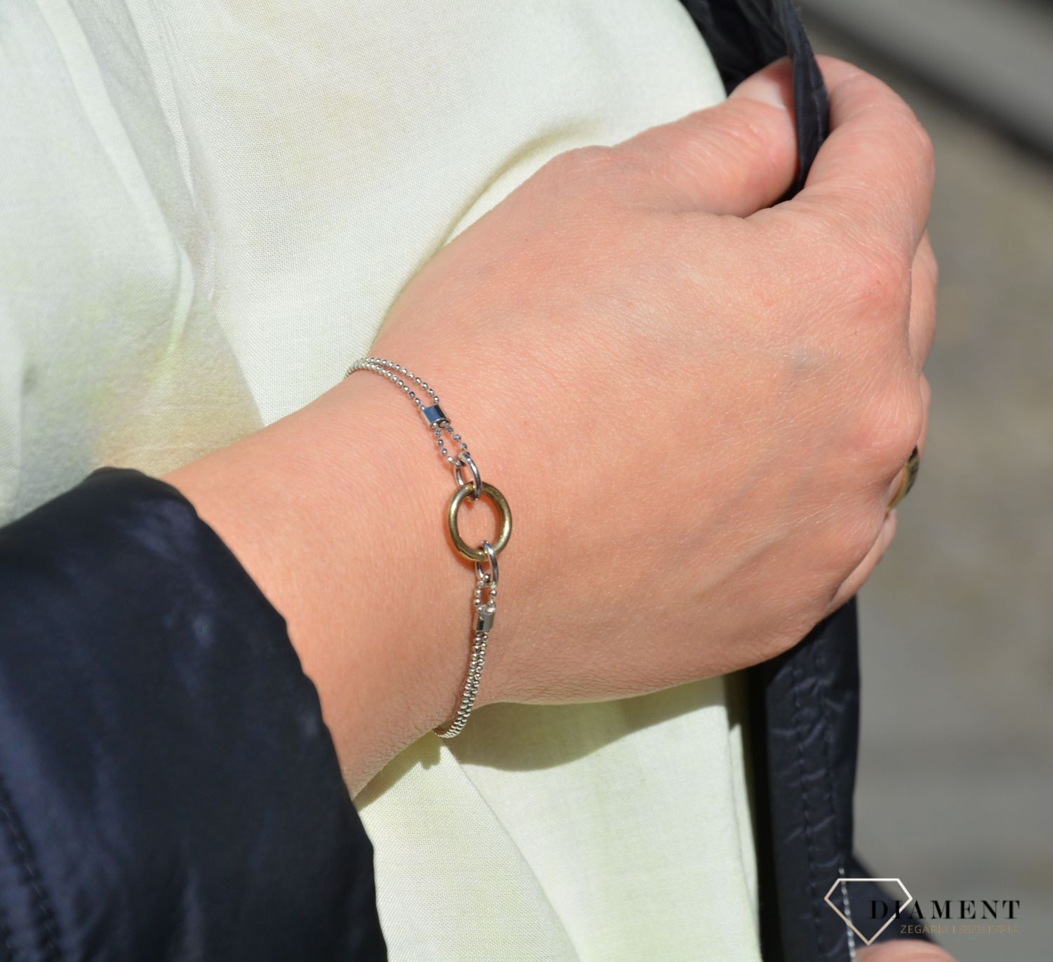 Bransoletka srebrna damska koło pokryte złotem B RM BR16814 046 ✓ Wyjątkowy prezent ✓ ozdobiona jest małymi kuleczkami, wewnątrz bransoletki umieszczono motyw kółka pozłacanego.1.jpg